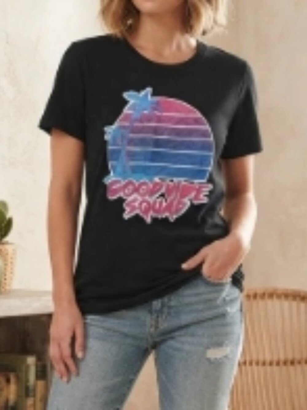 Bella+Canvas Positive Graphic T-Shirt M Retro Sunset Y2K Streetwear Cotton Black